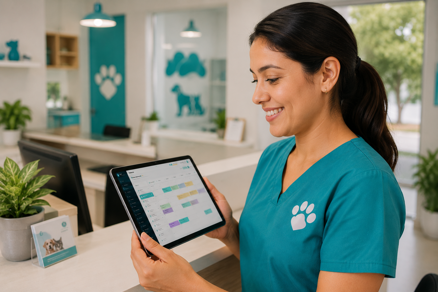 Asistente veterinaria revisando agenda digital en tablet en recepción de clínica