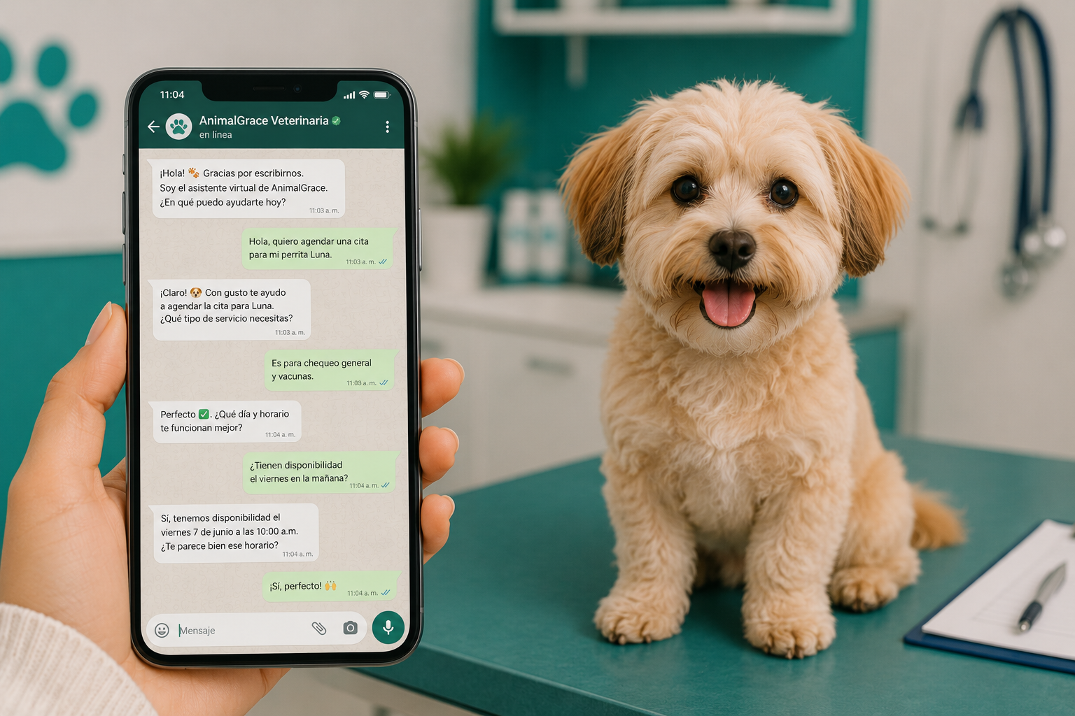 Conversación de WhatsApp con agente IA de clínica veterinaria junto a perro en camilla
