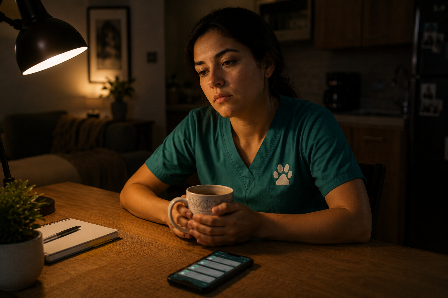Veterinaria agotada de noche con el teléfono en la mesa y notificaciones de WhatsApp
