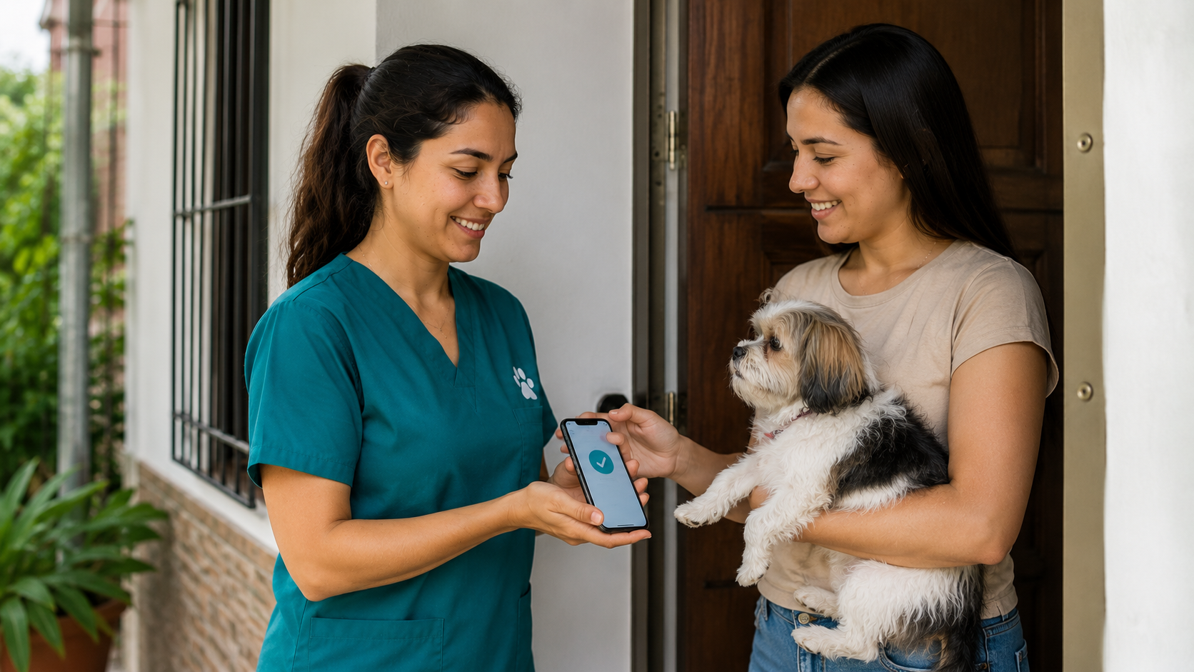 Veterinaria mostrando comprobante digital en su teléfono al tutor de una mascota en la puerta de su casa