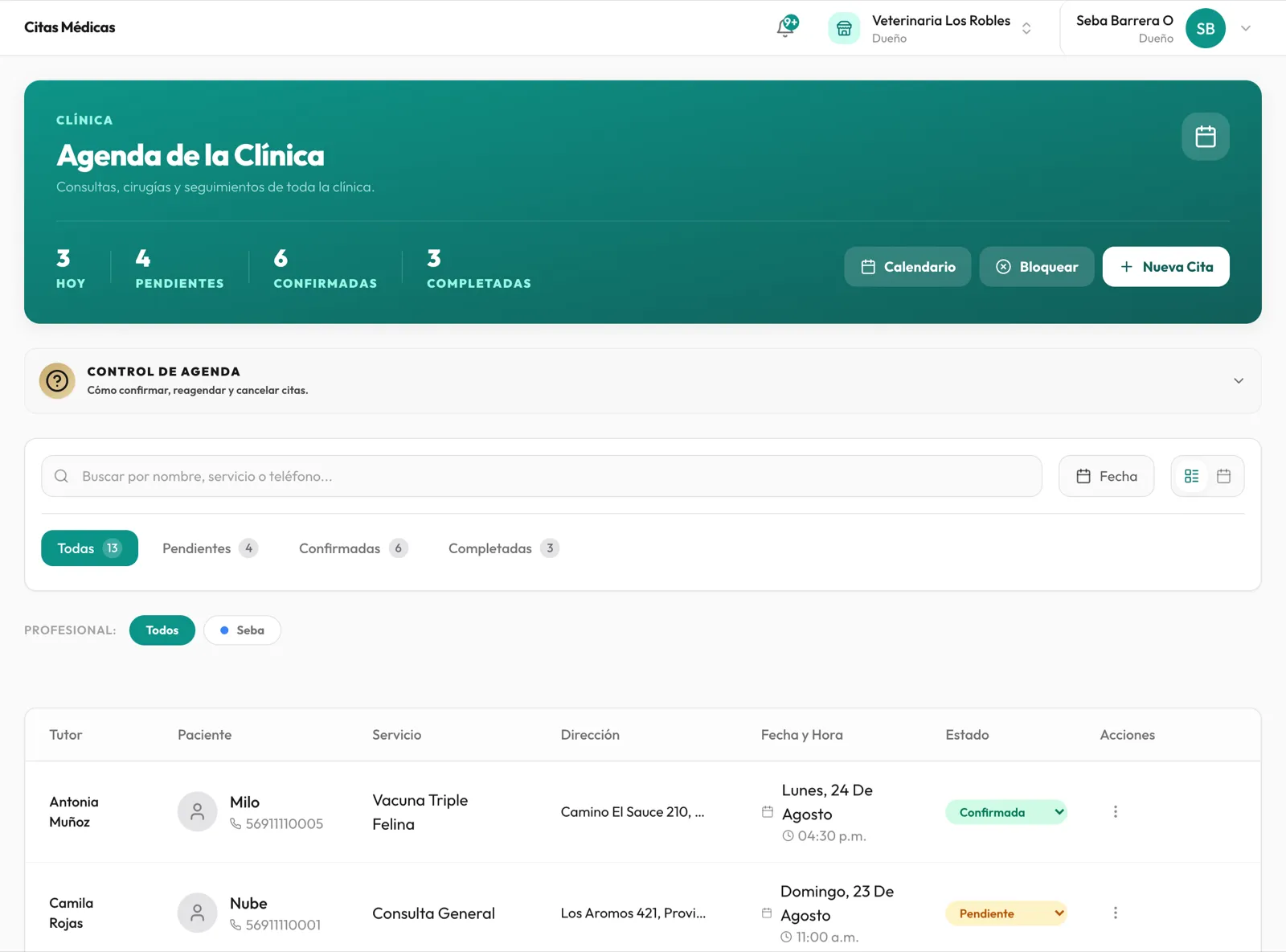 Agenda de la clínica en Vetly: citas del día con tutor, paciente, servicio, dirección y estado
