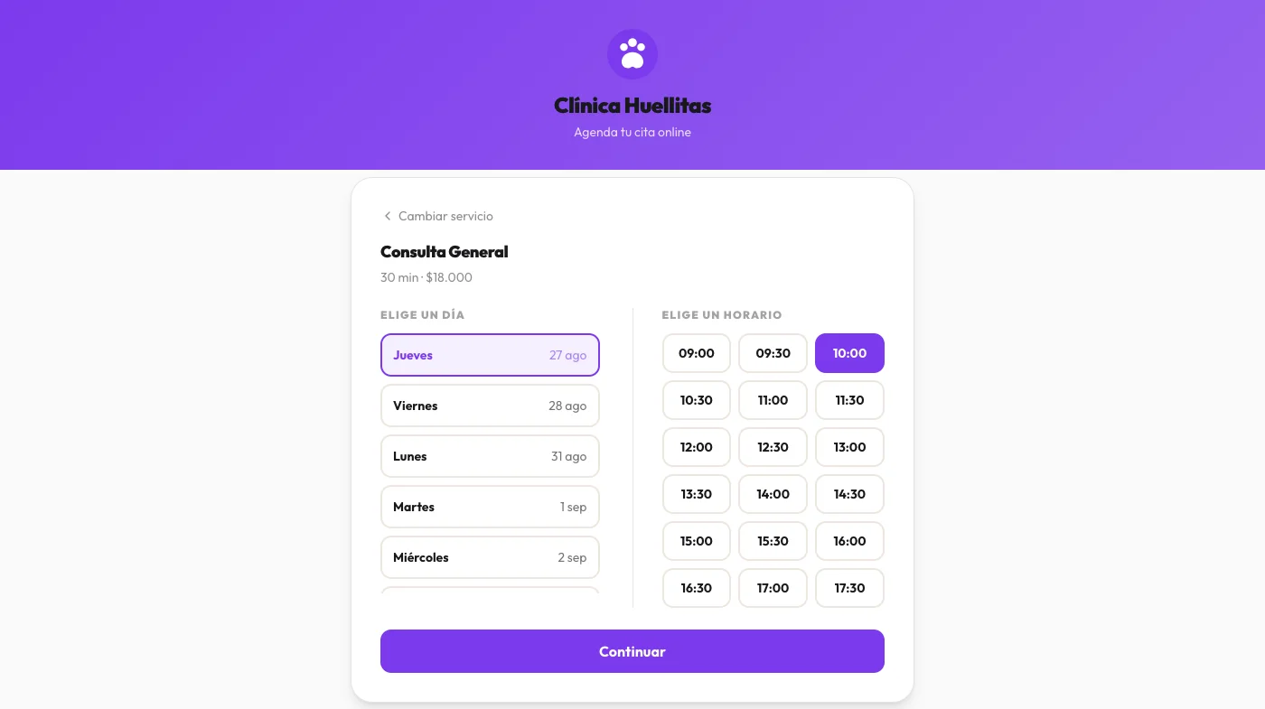 Página pública de reservas de Vetly con logo y colores propios de la clínica, servicios y horarios disponibles