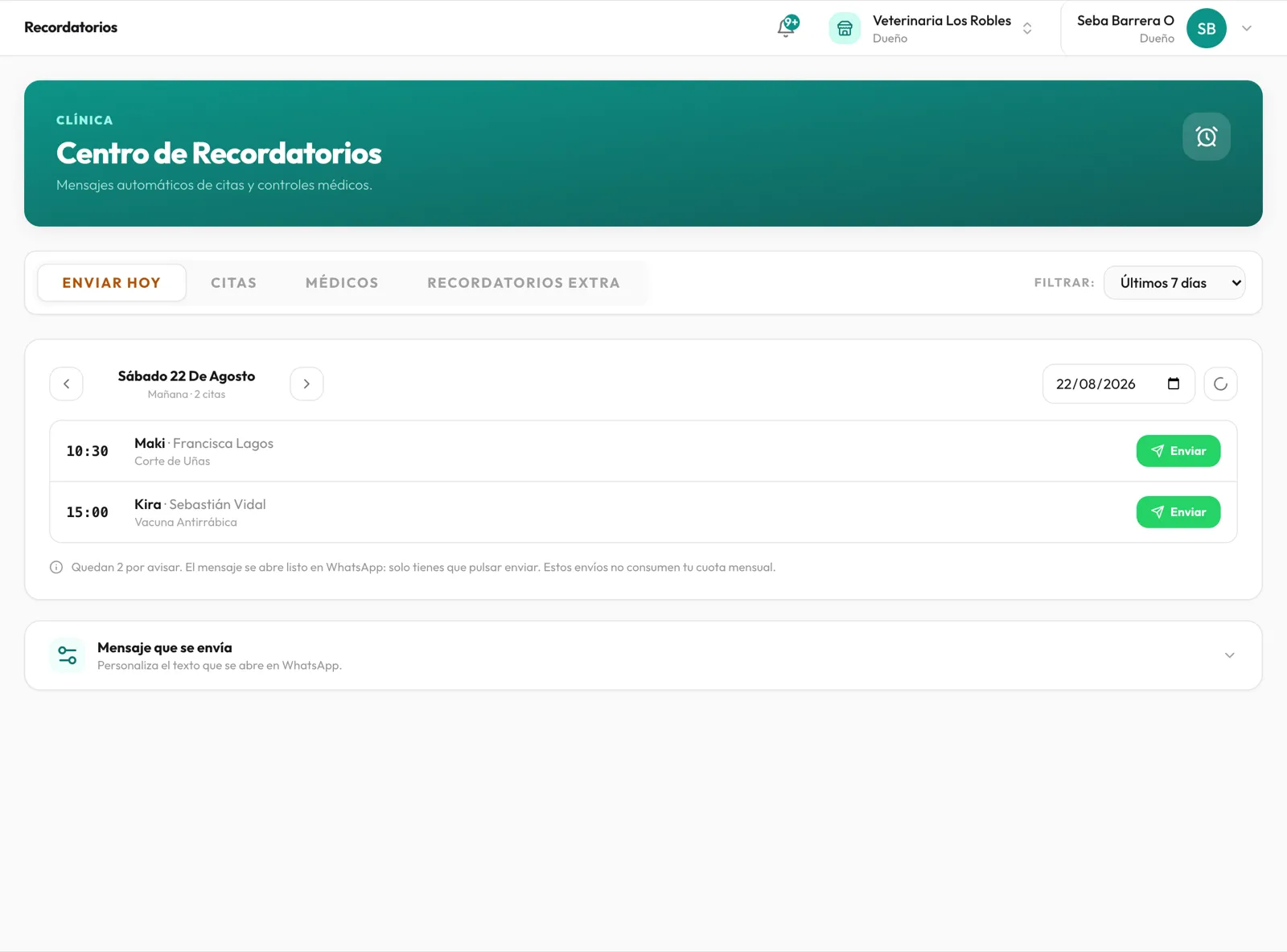 Centro de recordatorios de Vetly con la lista de pacientes a avisar hoy y botón de envío por WhatsApp