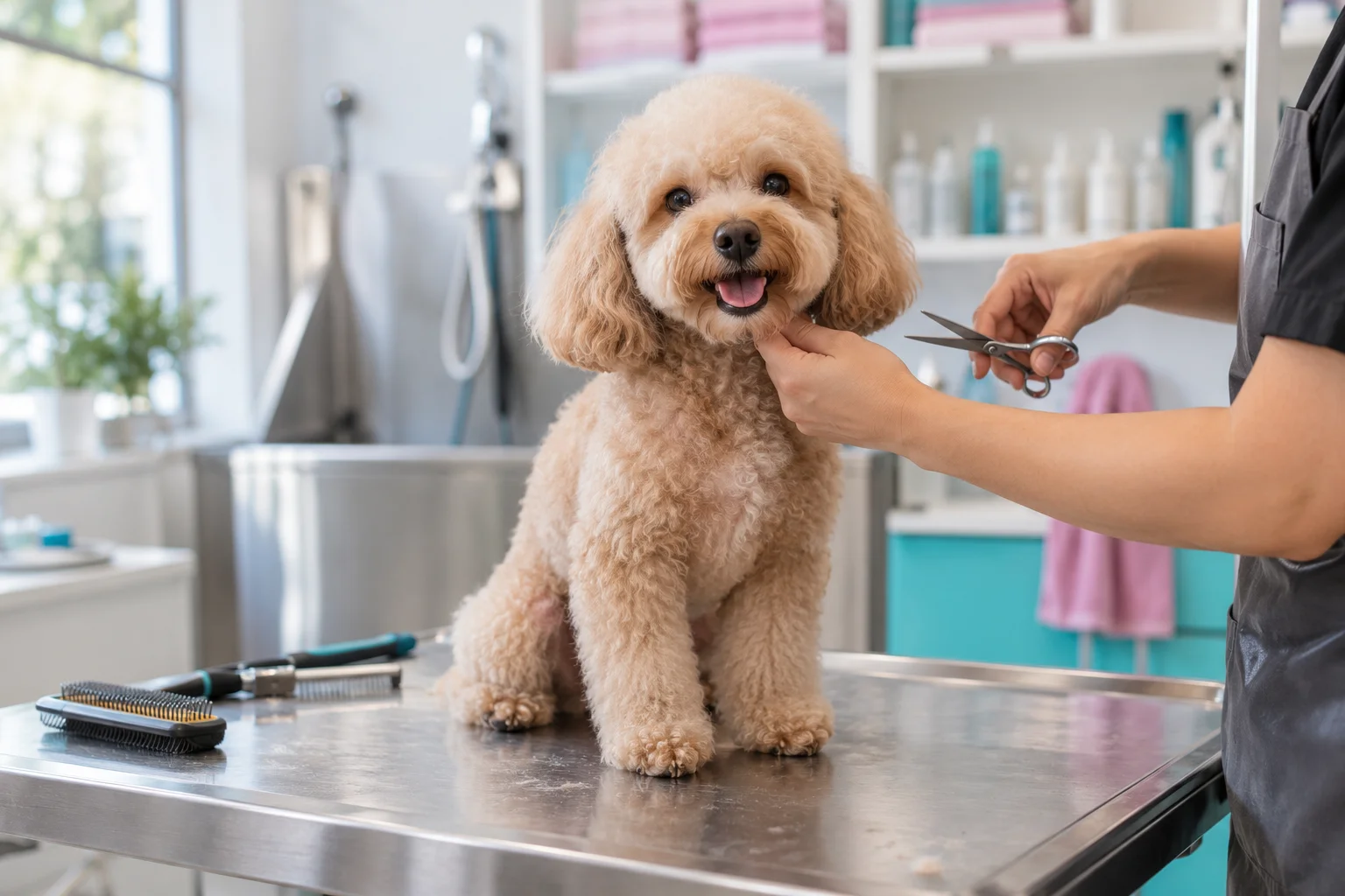 Peluquería canina: perro pequeño recién bañado y peinado sobre la mesa de grooming de una clínica veterinaria