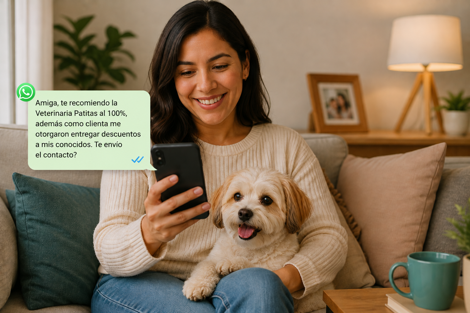 Tutora compartiendo recomendación de clínica veterinaria por WhatsApp con su perro