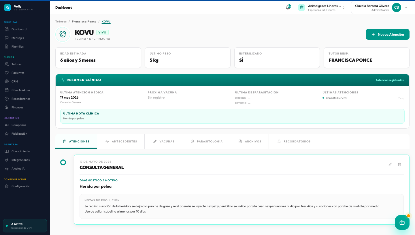 Ficha clínica de Kovu en Vetly mostrando historial de atenciones, diagnóstico 'Herida por pelea', notas de evolución con tratamiento detallado y resumen clínico