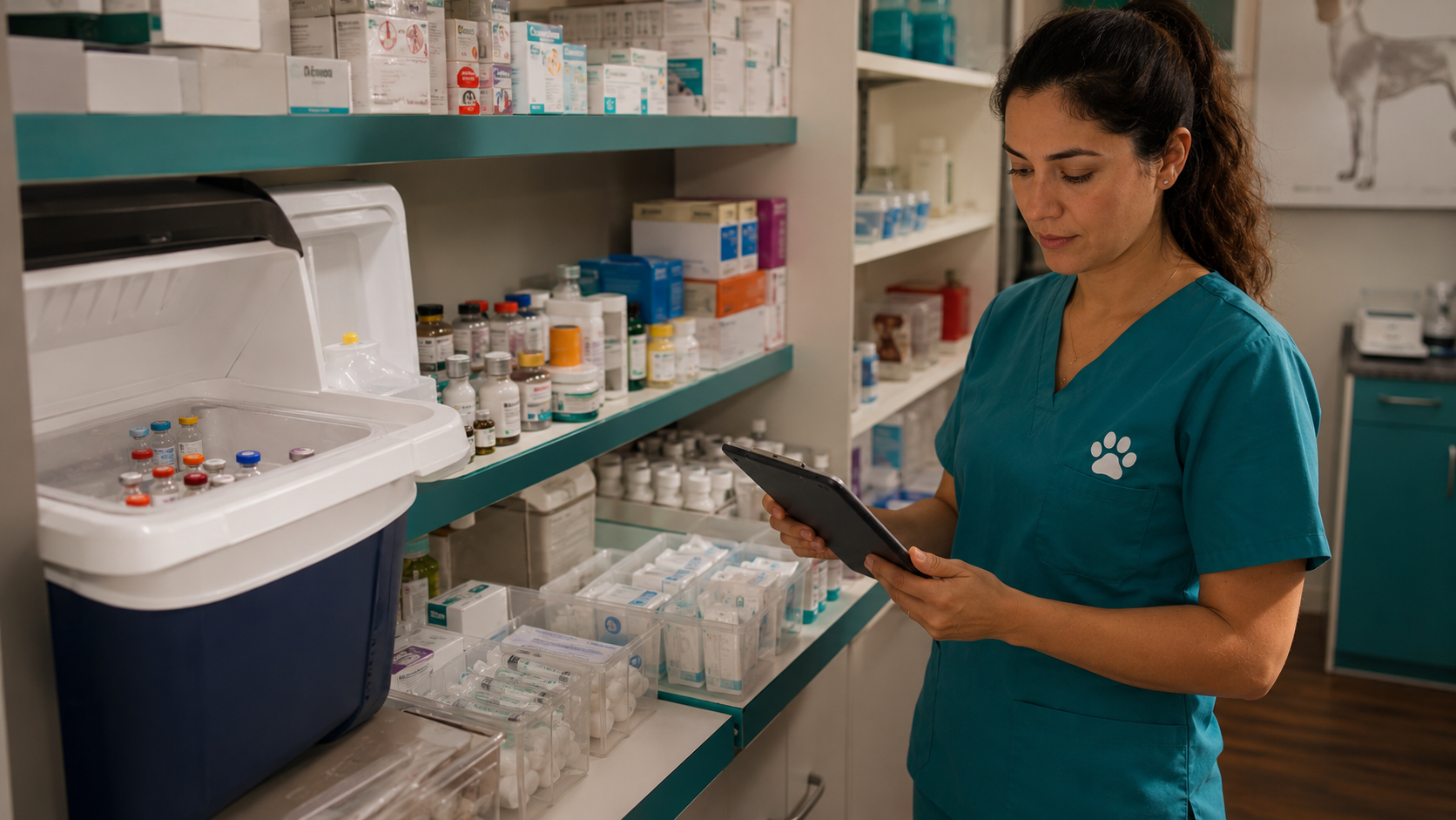 Veterinaria organizando insumos y medicamentos en el inventario de su clínica