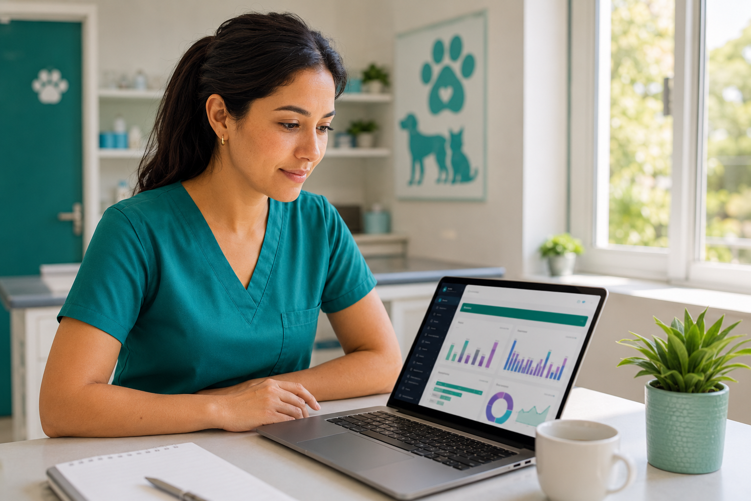 Veterinaria revisando métricas financieras de su clínica en una pantalla con gráficos de colores
