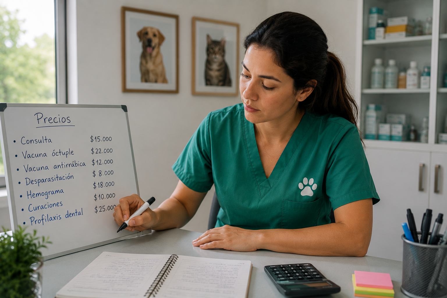 Veterinaria revisando y anotando precios de servicios en su clínica