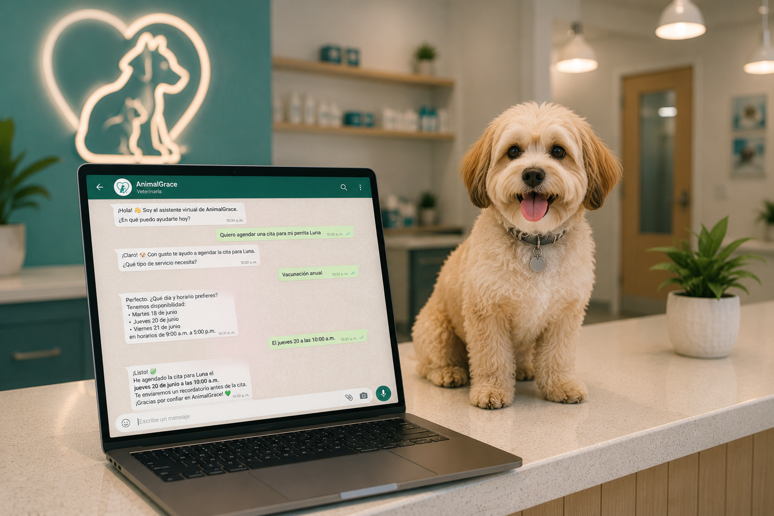 Recepcionista virtual veterinaria — laptop con WhatsApp de agente IA y perro en recepción
