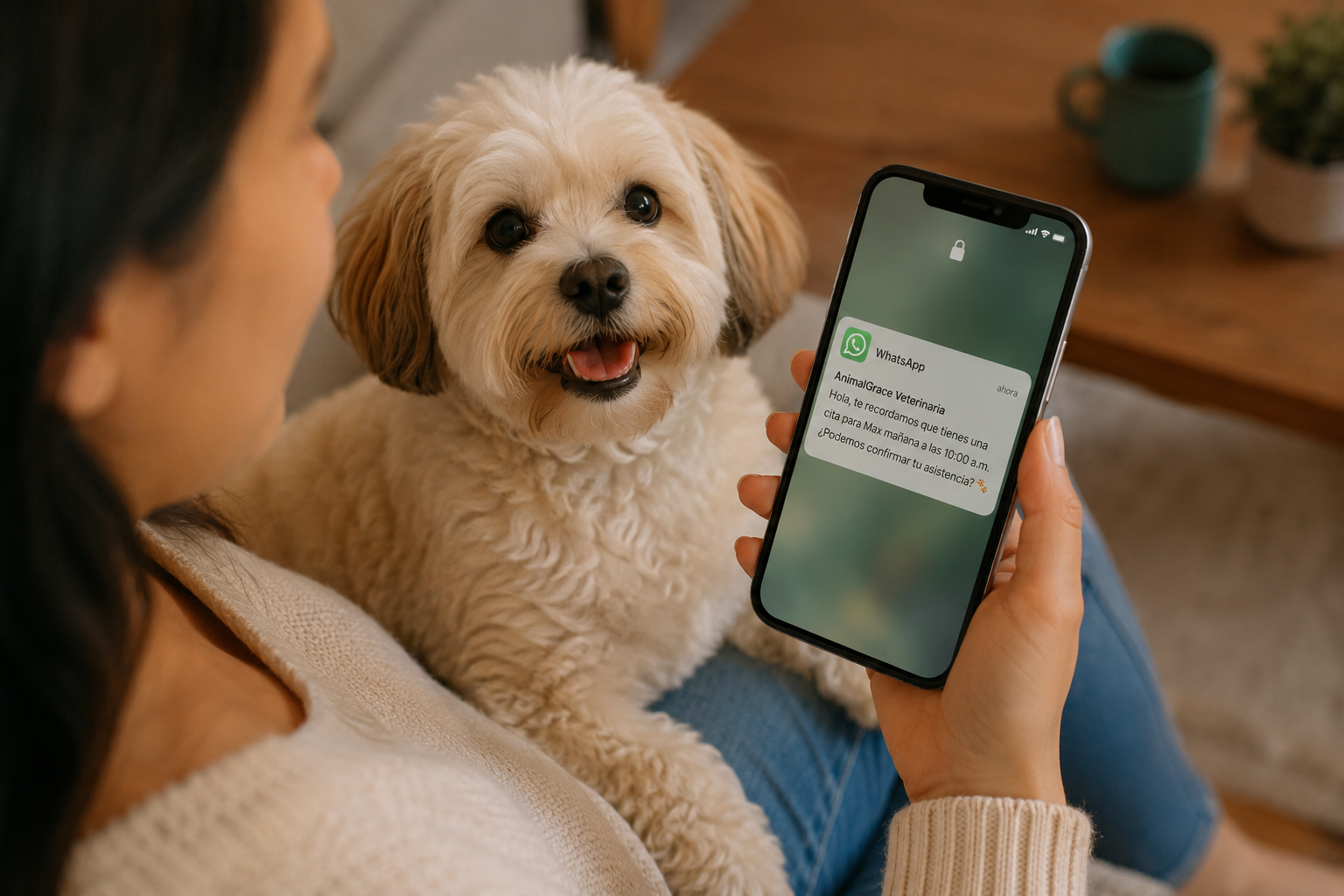 Tutora recibiendo recordatorio de cita veterinaria por WhatsApp con su perro en el regazo
