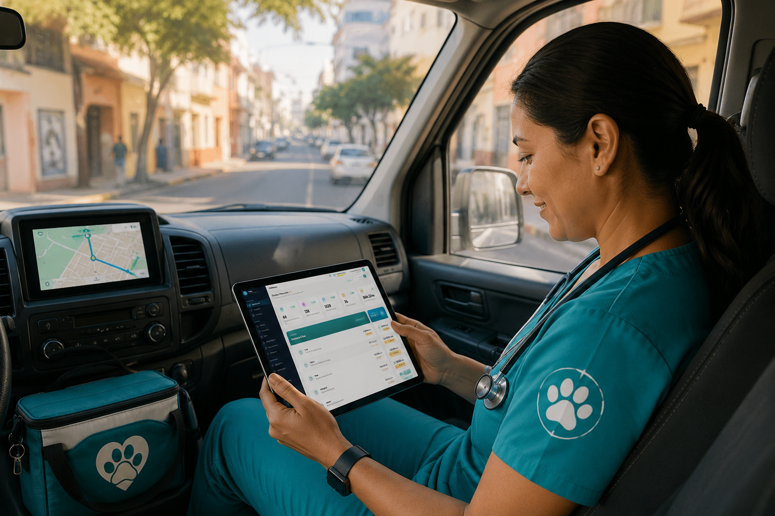 Veterinaria revisando la agenda en tablet dentro del van de su clínica móvil