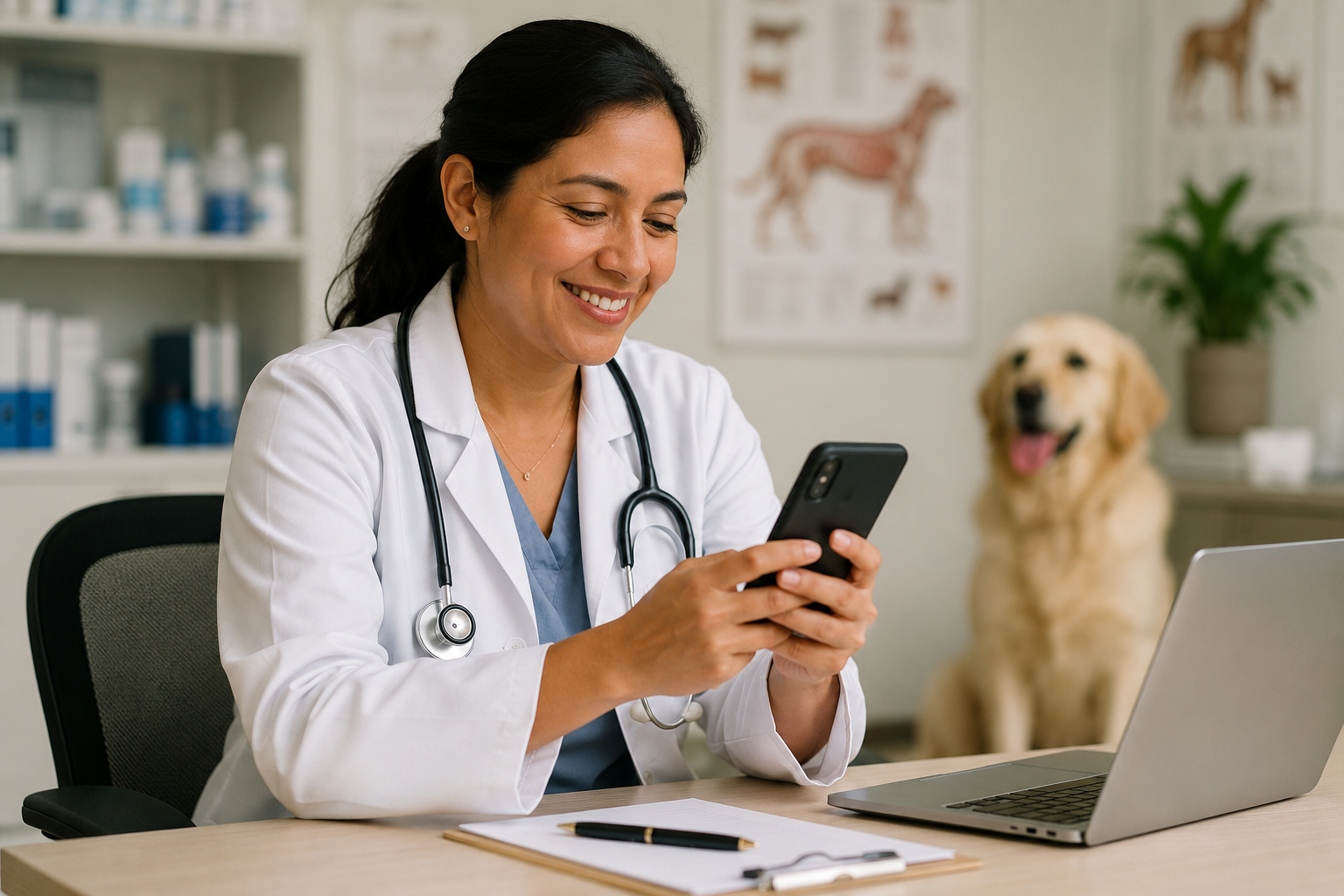 Veterinaria revisando WhatsApp en su clínica con un perro al fondo